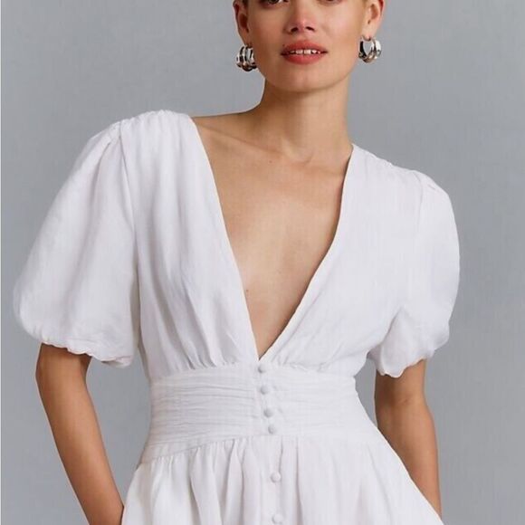 NWT Anthropologie Katerina Button-Front Mini Dress M Linen White Fit & Flare - Picture 7 of 8